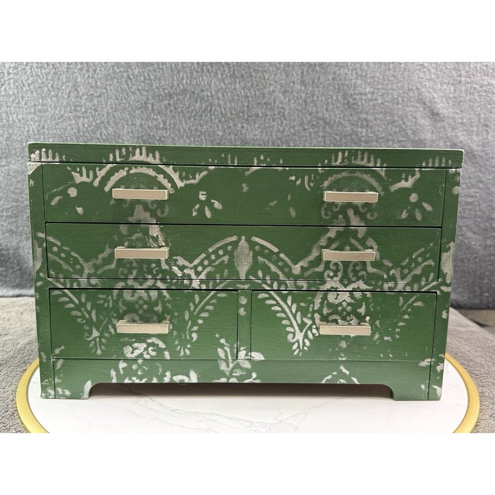 Green Hand Painted Wood Jewelry Box Silver Stencil Mirror Geometric Handmade